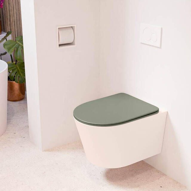 Mondiaz LAVIE wandclosetpack 36x53cm diepspoel rimless Rosee (roze) softclose quick-release toiletzitting Army (groen) LAVIEsetRosArm