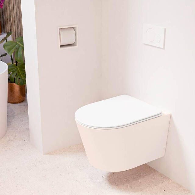 Mondiaz LAVIE wandclosetpack 36x53cm diepspoel rimless Rosee (roze) softclose quick-release toiletzitting Talc (offwhite) LAVIEsetRosTal