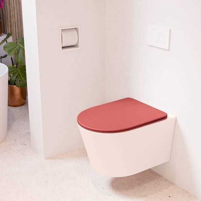 Mondiaz LAVIE wandclosetpack 36x53cm diepspoel rimless Rosee (roze) softclose quick-release toiletzitting Fire (rood) LAVIEsetRosFir