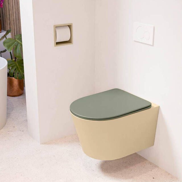 Mondiaz LAVIE wandclosetpack 36x53cm diepspoel rimless Sand (bruin) softclose quick-release toiletzitting Army (groen) LAVIEsetSanArm