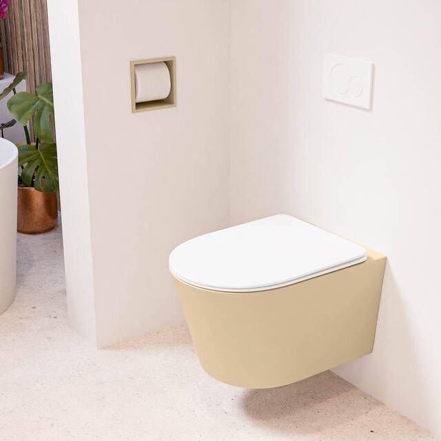 Mondiaz LAVIE wandclosetpack 36x53cm diepspoel rimless Sand (bruin) softclose quick-release toiletzitting Talc (offwhite) LAVIEsetSanTal