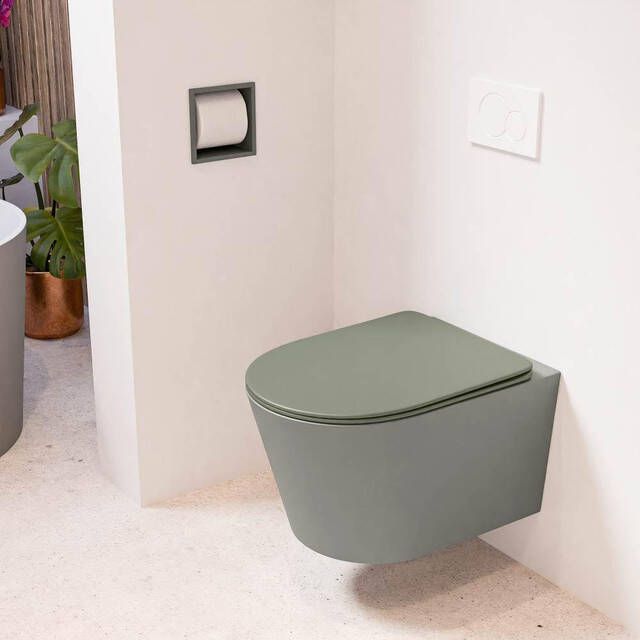 Mondiaz LAVIE wandclosetpack 36x53cm diepspoel rimless Smoke (grijs) softclose quick-release toiletzitting Army (groen) LAVIEsetSmoArm