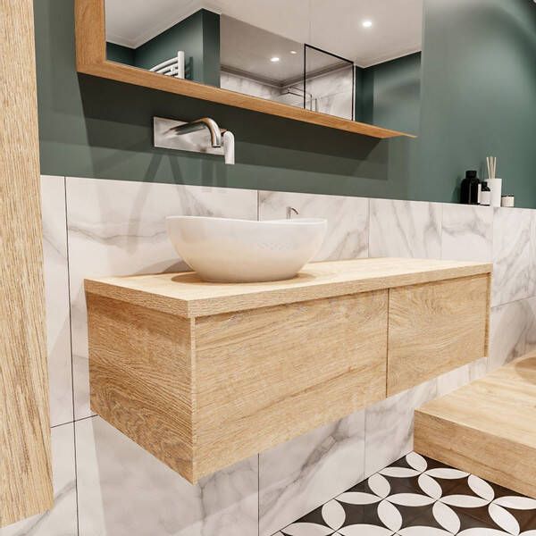Zaro Lush onderkast met topblad 120cm in kleur WASHED OAK met 2 lades Push tot open geschikt voor linkse wastafel. Met ovale keramische opzetkom met 0 kraangat(en) in het topblad