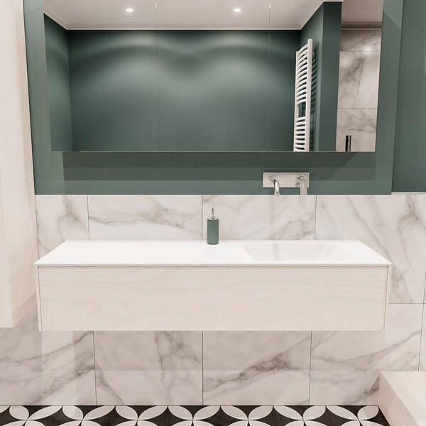 Zaro Lush onderkast 150cm in kleur UNDERLAYMENT met 1 lade Push tot open geschikt voor rechtse wastafel. Compleet met solid surface wastafel cloud M35218met 0 kraangat(en)