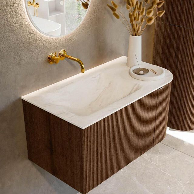 Mondiaz KURVE-DLUX 85cm badmeubel met module 25 R kleur Walnut met 1 lade en 1 deur. Wastafel CLOUD links zonder kraangat kleur Ostra. KRVCLO85R1L1D0KL-Wal Ost