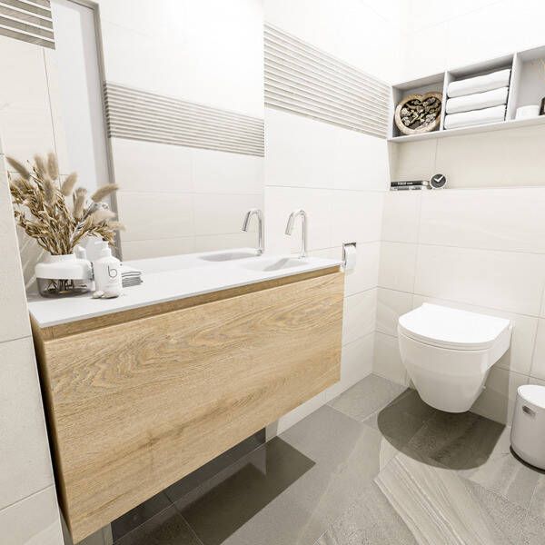 Mondiaz OLAN Toiletmeubel 100x30x40cm met 1 kraangaten 1 lades washed oak mat Wastafel Lex rechts Solid Surface Wit FK75342687