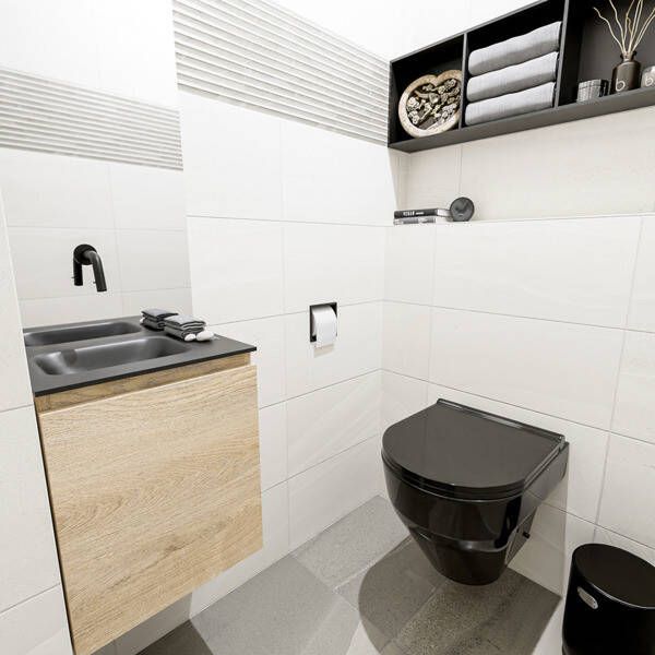 Mondiaz OLAN Toiletmeubel 40x30x40cm met 0 kraangaten 1 lades washed oak mat Wastafel Lex links Solid Surface Zwart FK75343016