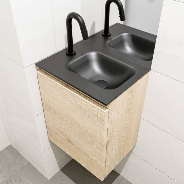 Mondiaz OLAN Toiletmeubel 40x30x40cm met 1 kraangaten 1 lades washed oak mat Wastafel Lex rechts Solid Surface Zwart FK75343017