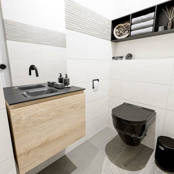Mondiaz OLAN Toiletmeubel 60x30x40cm met 0 kraangaten 1 lades washed oak mat Wastafel Lex links Solid Surface Zwart FK75343022