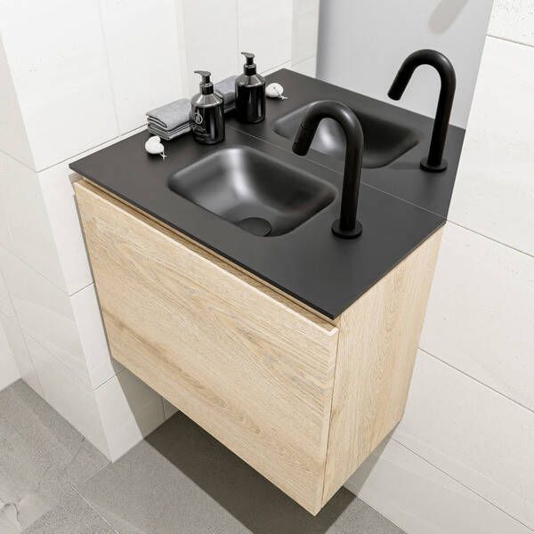 Mondiaz OLAN Toiletmeubel 60x30x40cm met 1 kraangaten 1 lades washed oak mat Wastafel Lex midden Solid Surface Zwart FK75343019