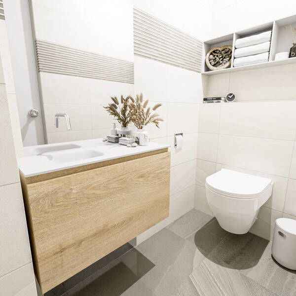 Mondiaz OLAN Toiletmeubel 80x30x40cm met 0 kraangaten 1 lades washed oak mat Wastafel Lex links Solid Surface Wit FK75342680