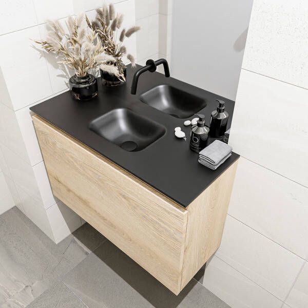 Mondiaz OLAN Toiletmeubel 80x30x40cm met 0 kraangaten 1 lades washed oak mat Wastafel Lex midden Solid Surface Zwart FK75343026