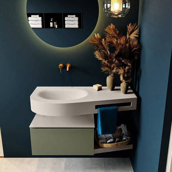 Mondiaz RIVA badmeubelsets 100x50x30cm 1 lade MDF Army mat push to open 0 kraangaten 1 wasbak links Army solid surface RIVA10769