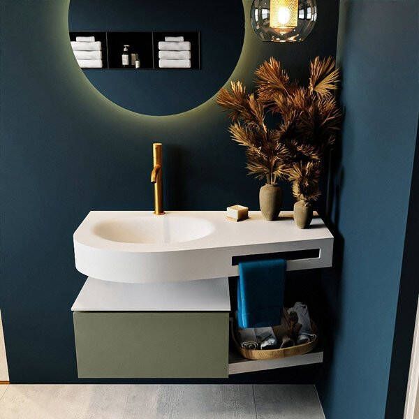 Mondiaz RIVA badmeubelsets 100x50x30cm 1 lade MDF Army mat push to open 1 kraangat 1 wasbak links Talc solid surface RIVA10067