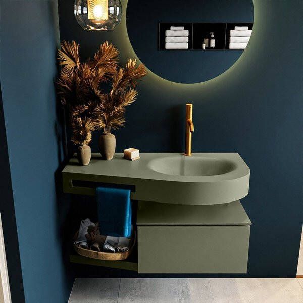Mondiaz RIVA badmeubelsets 100x50x30cm 1 lade MDF Army mat push to open 1 kraangat 1 wasbak rechts Army solid surface RIVA10772