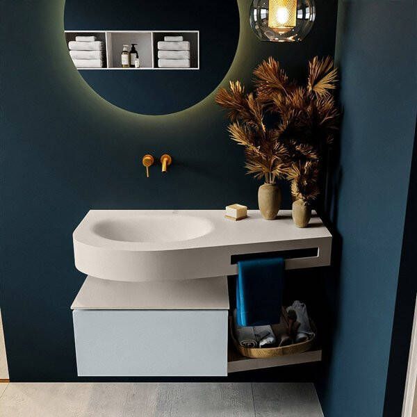 Mondiaz RIVA badmeubelsets 100x50x30cm 1 lade MDF Clay mat push to open 0 kraangaten 1 wasbak links Urban solid surface RIVA10209