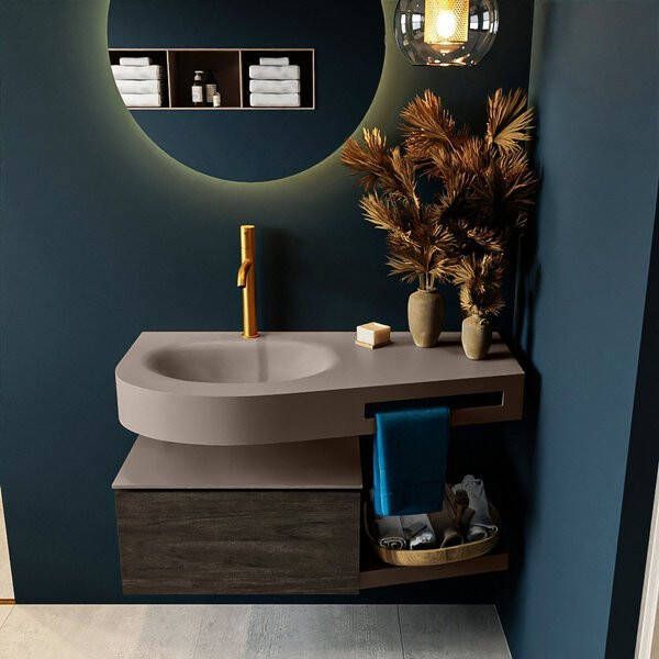 Mondiaz RIVA badmeubelsets 100x50x30cm 1 lade MDF Dark Brown mat push to open 1 kraangat 1 wasbak links Smoke solid surface RIVA11011