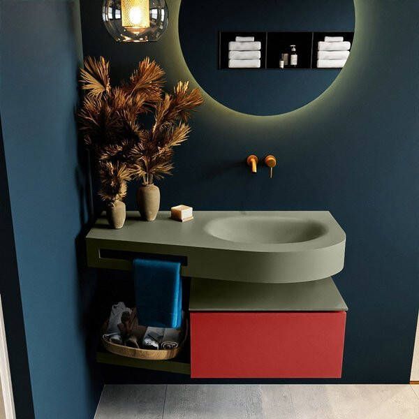 Mondiaz RIVA badmeubelsets 100x50x30cm 1 lade MDF Fire mat push to open 0 kraangaten 1 wasbak rechts Army solid surface RIVA10786 - Foto 1