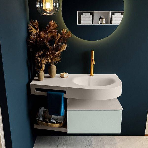 Mondiaz RIVA badmeubelsets 100x50x30cm 1 lade MDF Greey mat push to open 1 kraangat 1 wasbak rechts Urban solid surface RIVA10204