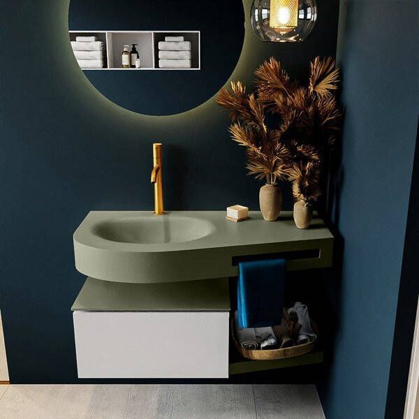 Mondiaz RIVA badmeubelsets 100x50x30cm 1 lade MDF Linen mat push to open 1 kraangat 1 wasbak links Army solid surface RIVA10723