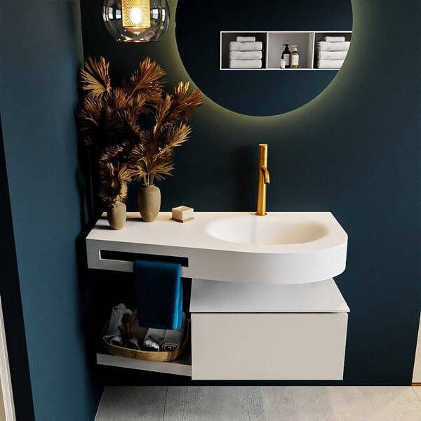 Mondiaz RIVA badmeubelsets 100x50x30cm 1 lade MDF Linen mat push to open 1 kraangat 1 wasbak rechts dark grey solid surface RIVA10372