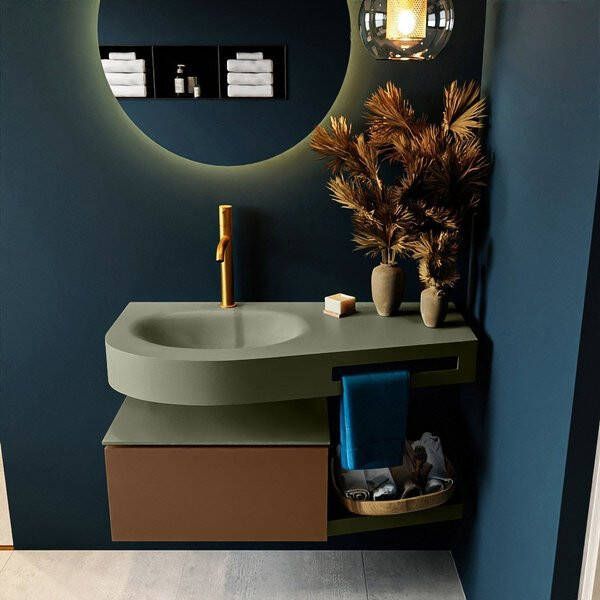 Mondiaz RIVA badmeubelsets 100x50x30cm 1 lade MDF Rust mat push to open 1 kraangat 1 wasbak links Army solid surface RIVA10779