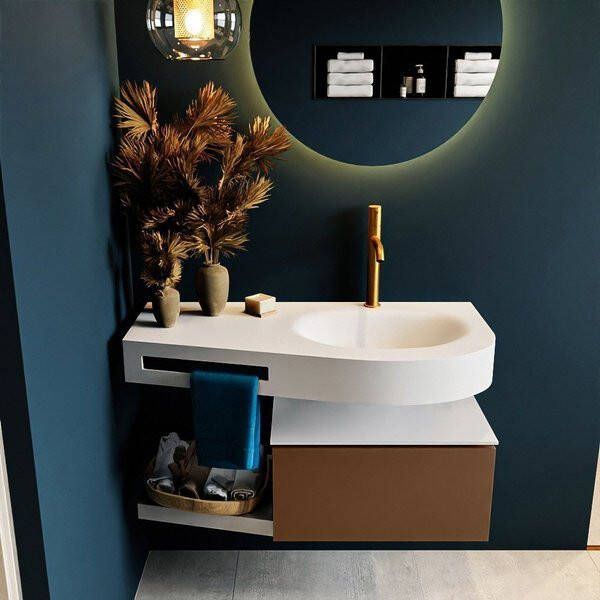 Mondiaz RIVA badmeubelsets 100x50x30cm 1 lade MDF Rust mat push to open 1 kraangat 1 wasbak rechts Talc solid surface RIVA10076