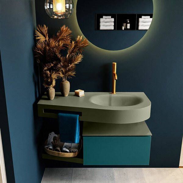 Mondiaz RIVA badmeubelsets 100x50x30cm 1 lade MDF Smag mat push to open 1 kraangat 1 wasbak rechts Army solid surface RIVA10812