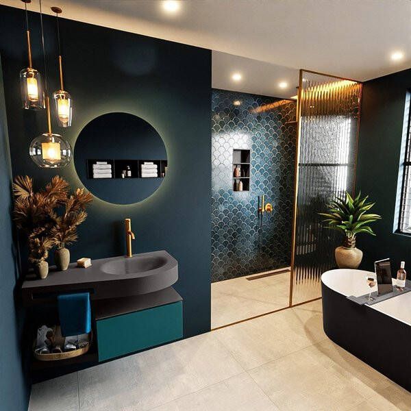 Mondiaz RIVA badmeubelsets 100x50x30cm 1 lade MDF Smag mat push to open 1 kraangat 1 wasbak rechts dark grey solid surface RIVA10460