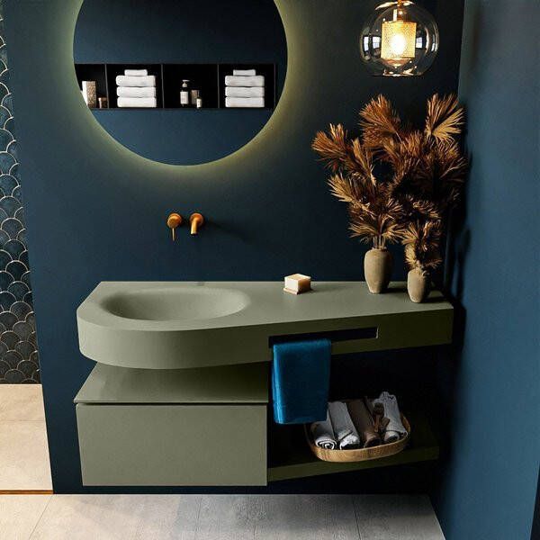 Mondiaz RIVA badmeubelsets 120x50x30cm 1 lade MDF Army mat push to open 0 kraangaten 1 wasbak links Smoke solid surface RIVA10949