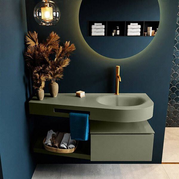 Mondiaz RIVA badmeubelsets 120x50x30cm 1 lade MDF Army mat push to open 1 kraangat 1 wasbak rechts Army solid surface RIVA10776