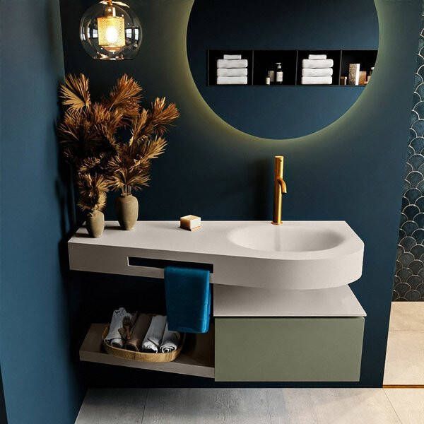 Mondiaz RIVA badmeubelsets 120x50x30cm 1 lade MDF Army mat push to open 1 kraangat 1 wasbak rechts Linen solid surface RIVA10600