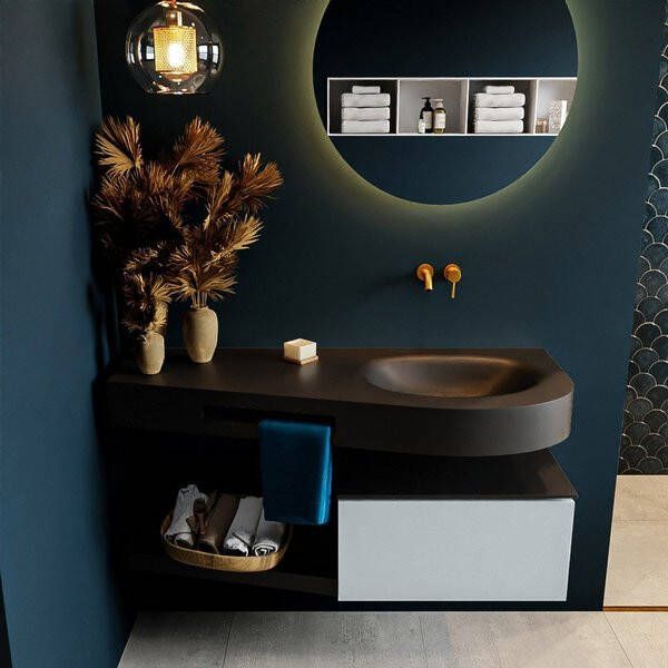 Mondiaz RIVA badmeubelsets 120x50x30cm 1 lade MDF Clay mat push to open 0 kraangaten 1 wasbak rechts Army solid surface RIVA10742