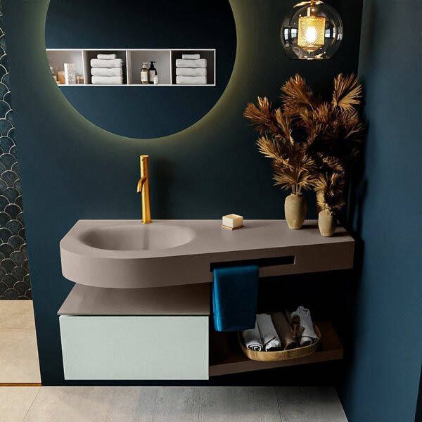 Mondiaz RIVA badmeubelsets 120x50x30cm 1 lade MDF Greey mat push to open 1 kraangat 1 wasbak links Smoke solid surface RIVA10911