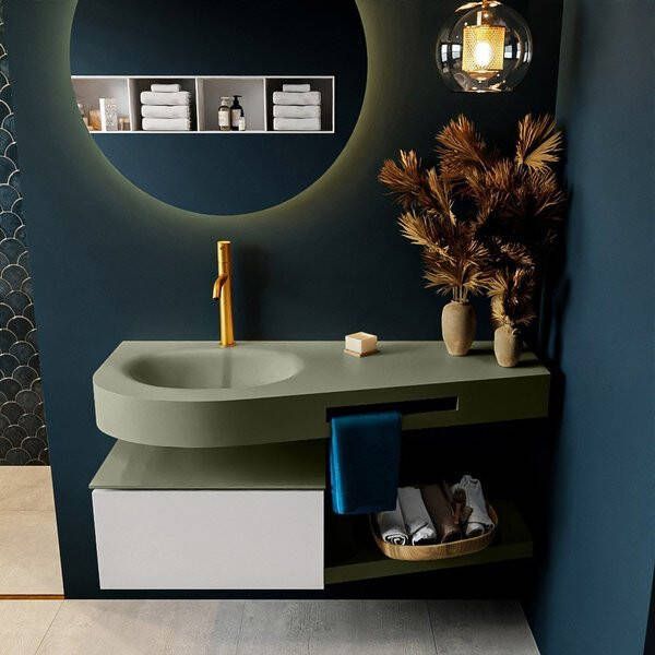 Mondiaz RIVA badmeubelsets 120x50x30cm 1 lade MDF Linen mat push to open 1 kraangat 1 wasbak links Army solid surface RIVA10727