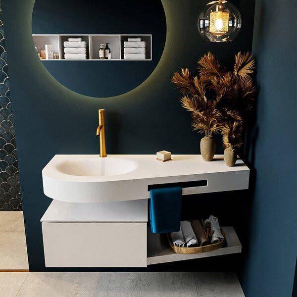 Mondiaz RIVA badmeubelsets 120x50x30cm 1 lade MDF Linen mat push to open 1 kraangat 1 wasbak links Talc solid surface RIVA10023