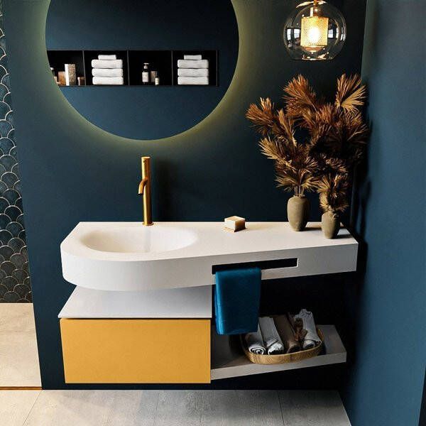 Mondiaz RIVA badmeubelsets 120x50x30cm 1 lade MDF Ocher mat push to open 1 kraangat 1 wasbak links Talc solid surface RIVA10103