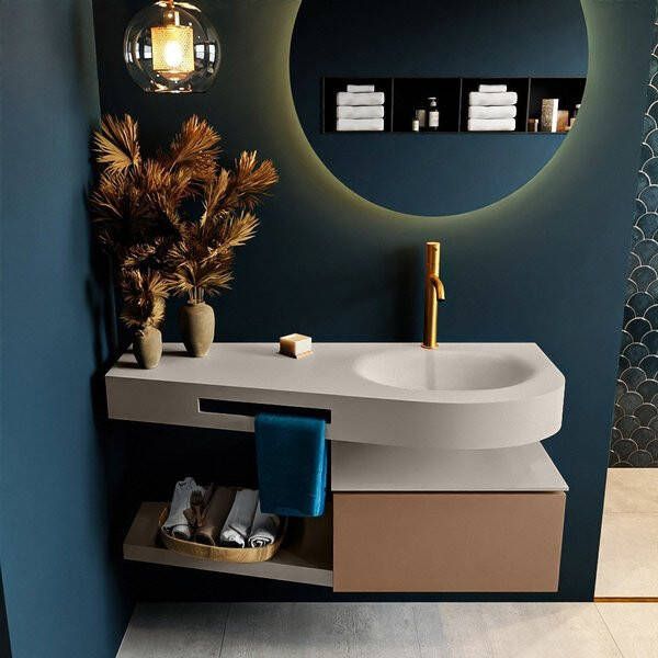 Mondiaz RIVA badmeubelsets 120x50x30cm 1 lade MDF Rust mat push to open 1 kraangat 1 wasbak rechts Linen solid surface RIVA10608