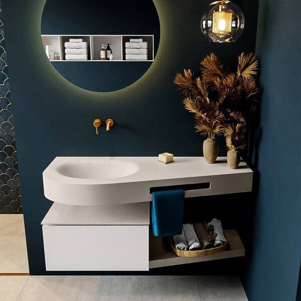 Mondiaz RIVA badmeubelsets 120x50x30cm 1 lade MDF Talc mat push to open 0 kraangaten 1 wasbak links Urban solid surface RIVA10181