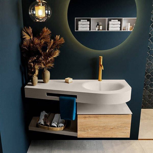 Mondiaz RIVA badmeubelsets 120x50x30cm 1 lade MDF Washed Oak mat push to open 1 kraangat 1 wasbak rechts Army solid surface RIVA10832