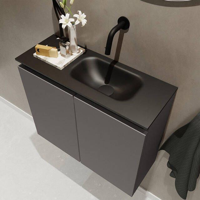 Mondiaz TURE Fonteinset 60x23x50cm 0 kraangaten 2 deuren darkgrey mat Wasbak rechts Solid Surface Zwart FK75341429