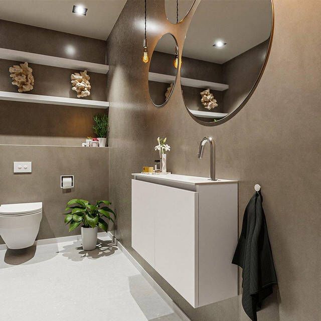 Mondiaz TURE Fonteinset 80x23x50cm 1 kraangat 2 deuren linen mat Wasbak rechts Solid Surface Wit FK75341227