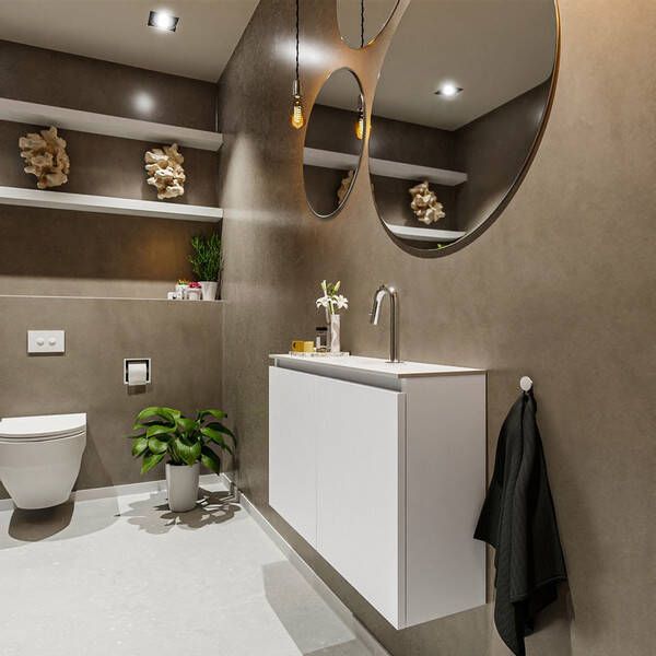Mondiaz TURE Fonteinset 80x23x50cm 1 kraangat 2 deuren talc mat Wasbak midden Solid Surface Wit FK75341013