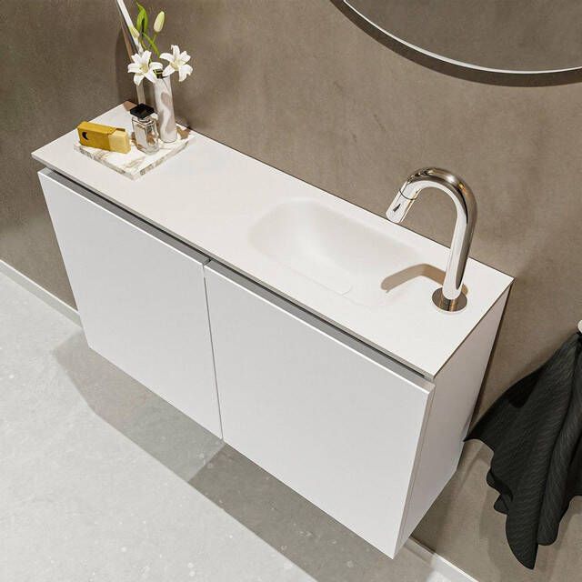 Mondiaz TURE Fonteinset 80x23x50cm 1 kraangat 2 deuren talc mat Wasbak rechts Solid Surface Wit FK75341017