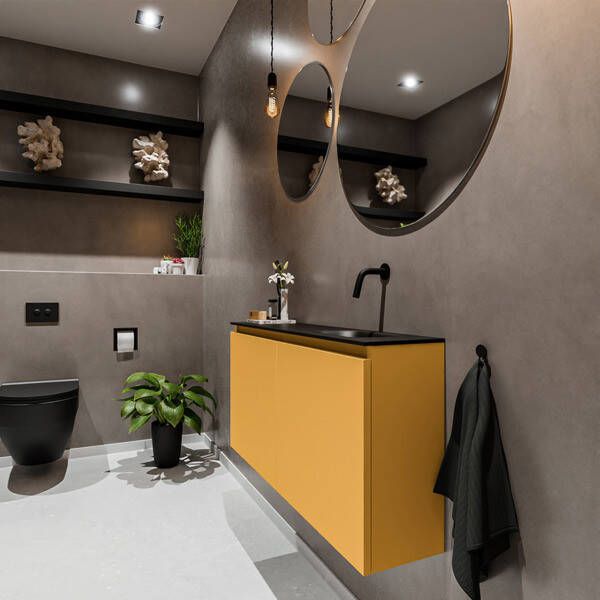 Mondiaz TURE Toiletmeubel 100x23x50cm met 0 kraangaten 2 deuren ocher mat Wastafel Eden rechts Solid Surface Zwart FK75341528