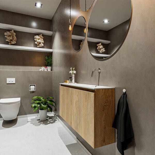 Mondiaz TURE Toiletmeubel 100x23x50cm met 0 kraangaten 2 deuren washed oak mat Wastafel Eden rechts Solid Surface Zwart FK75341644