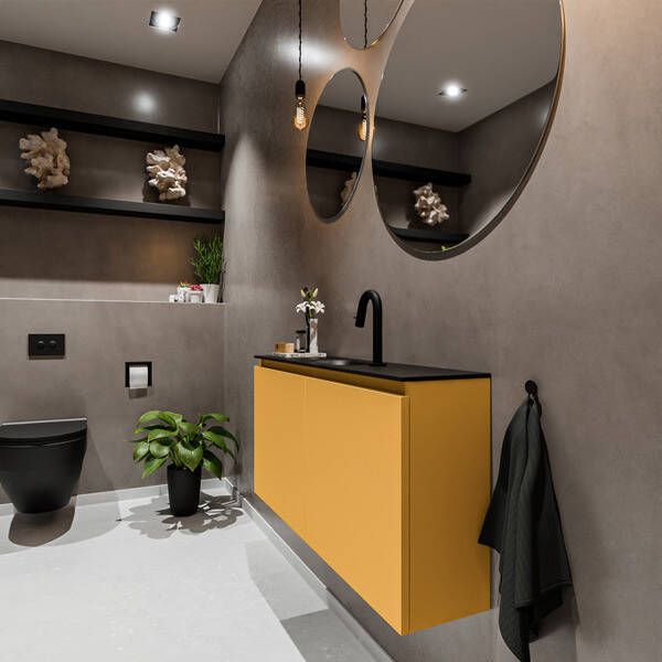 Mondiaz TURE Toiletmeubel 100x23x50cm met 1 kraangaten 2 deuren ocher mat Wastafel Eden midden Solid Surface Wit FK75341169