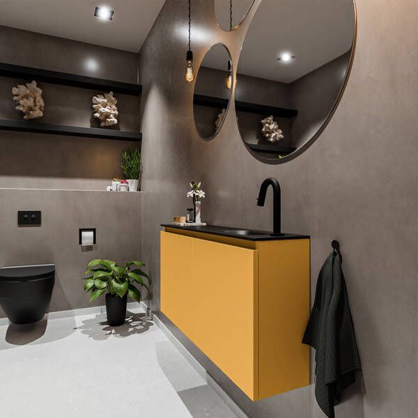 Mondiaz TURE Toiletmeubel 100x23x50cm met 1 kraangaten 2 deuren ocher mat Wastafel Eden rechts Solid Surface Zwart FK75341527