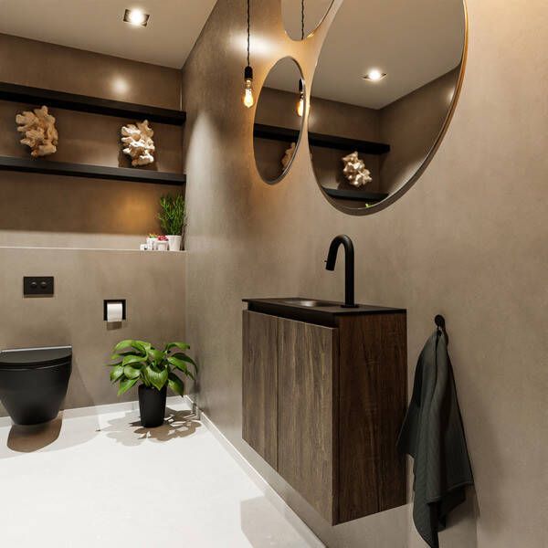 Mondiaz TURE Toiletmeubel 60x23x50cm met 1 kraangaten 2 deuren dark brown mat Wastafel Eden midden Solid Surface Zwart FK75341656