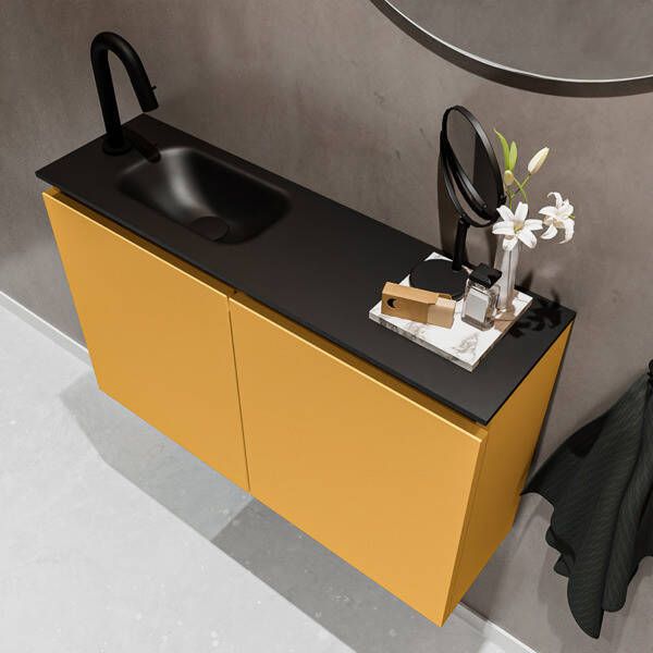 Mondiaz TURE Toiletmeubel 80x23x50cm met 1 kraangaten 2 deuren ocher mat Wastafel Eden links Solid Surface Zwart FK75341519